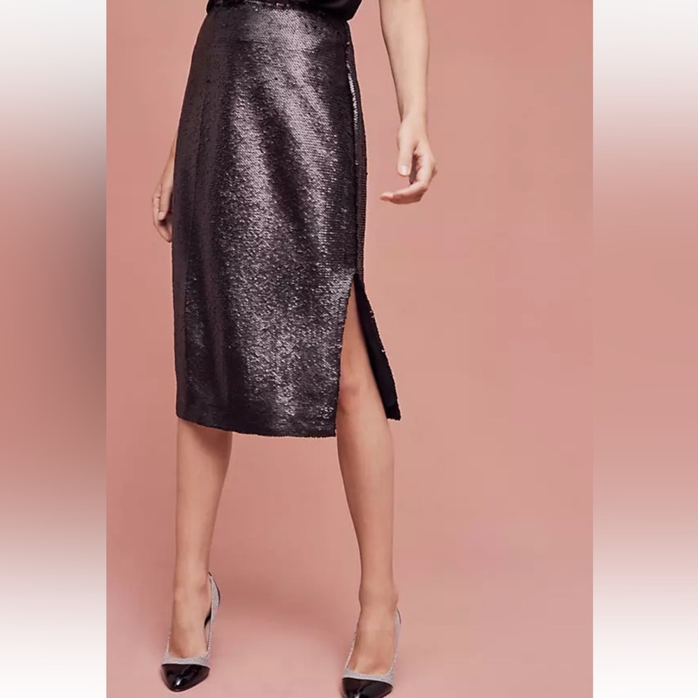 Anthropologie Black Sequin Midi Pencil Skirt with Slit